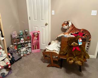 Beanie babies, old couple, vintage doll with cradle, antique school desk, tiger and bear