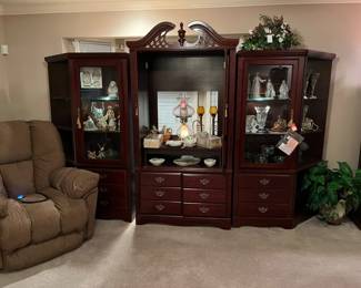 Entertainment center, Pink Fenton glass lamp, figurines
