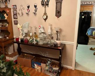 sofa table and lamps, home interior votive cups, maple desk and chair