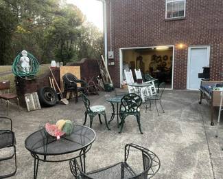Old tools, antique plow and parts late 1800's, spoke wheel, rockers, outside patio sets