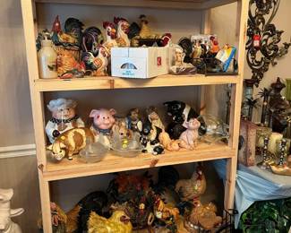 Chicken, Pig figurines. Pots and jugs on top, antique oil can