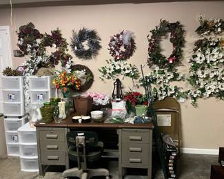 Vintage 1950's metal desk, chair , wreaths and swags
