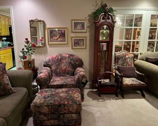 Ashley club chair and ottoman, decor, grandfather clock, hand carved magazine holder and antique sewing rocker
