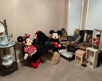 Wash stand, collectable Micky and Minnie, bears, wooden childs table and chairs, Moses basket, doll bed