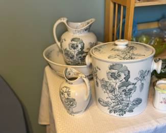 Antique Brown Westhead Moore earthenware  washstand set. Pitcher & bowl what was that one waste the picture and bowl and chamber pot 