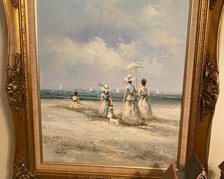 Signed Oil painting Marie Charlot Impressionist Beach Victorian Seascape