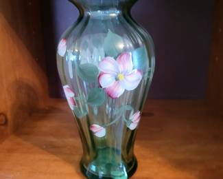 Vintage Fenton Art Glass Twilight Blue Tulips vase, hand-painted by A. Meeks