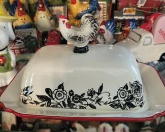 Ceramic Rooster Butter dish with a floral pattern