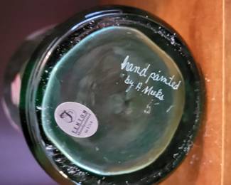 Vintage Fenton Art Glass Twilight Blue Tulips vase, hand-painted by A. Meeks