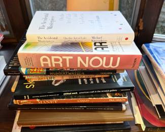 Stack of art books including Art Now, Hundertwasser, The Accidental Masterpiece, and Manet.