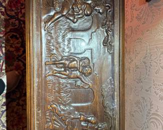 Antique Hand-Carved Wooden Coffee Table with Hunting Scene Relief
Beautiful solid wood coffee table featuring an intricately hand-carved hunting scene with figures, animals, and landscape detailing. Likely European, early-to-mid 20th century. A true statement piece with rich craftsmanship and patina.