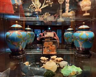 Asian Cloisonné Vases & Decorative Art Collection
Stunning group of hand-painted cloisonné vases, carved Asian art pieces, and decorative stone figures. Beautiful detail and color—excellent display ensemble.