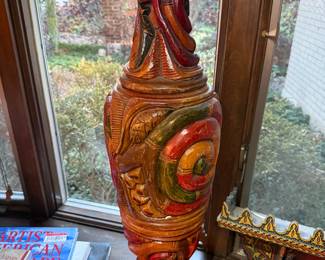 Hand-Carved Balinese Pedestal Vase
Beautifully detailed solid-wood pedestal vase with bold carved scroll and leaf patterns in red, green, and gold lacquer. Intricate mid-century Balinese or Thai artisan design—great statement accent for entryway or corner display. Approx. 3 ft tall.