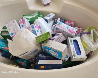 lots of medical supplies, men's underwear, wipes, gloves, shields and more
