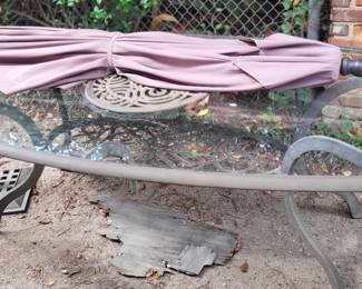 Glass patio table and umbrella