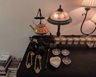 vintage copper teapot and iron warming stand, reverse painted vintage style lamp, crystal ring dishes, and more