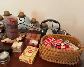 whole basket of playing cards, candles, and more