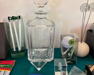Crystal golf decanter and glass swizzle sticks