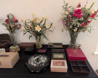 vases, faux floral decor, jewelry boxes, trinket boxes