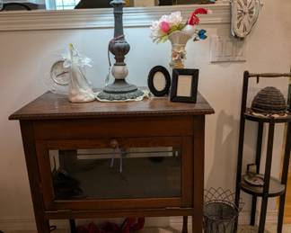 antique glass display cabinet, stained glass lamp