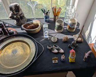 vintage brass tray, gnome, elephant figurine, cool shell pottery bowl, pipe set, and more