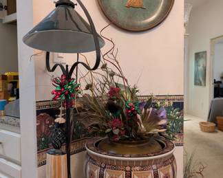 Large hand-painted ceramic planter/urn. standing lamp, and floral decor