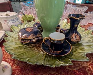 Dark blue porcelain trinket boxes and tea cup w/saucer