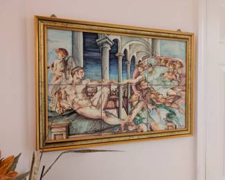 Ceramic tile panel art influenced by Michelangelo's fresco, The Creation of Adam, from the Sistine Chapel ceiling