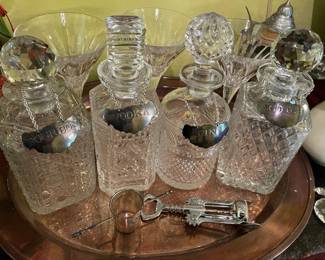 Fine crystal decanters - Stieff pewter label tags sold separate.