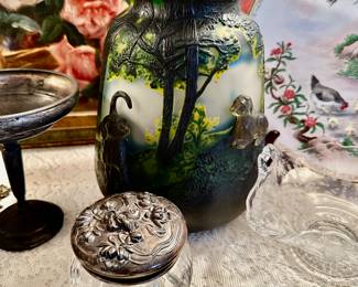 A large example of Emile Galle (1846-1904 France) glass, featuring a wooded scene with two dogs