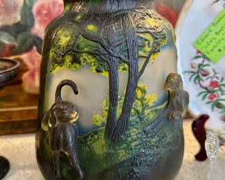 A large example of Emile Galle (1846-1904 France) glass, featuring a wooded scene with two dogs