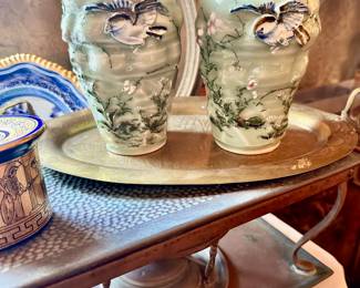 pair of celadon Japanese vases with bluebirds!
