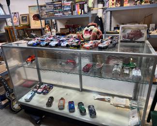 Partial model car collection, display cases etc