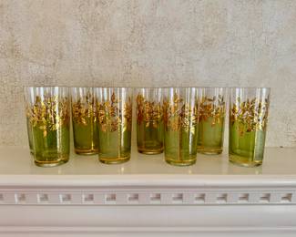 8 RARE Culver patter Mid-Century green highball glasses with gold leaves