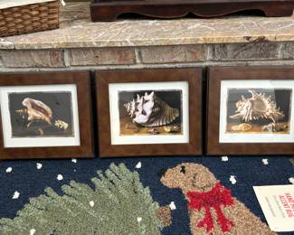 Framed shell pictures, Christmas rug 