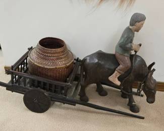 Vintage Huge 36" Japanese Handcarved Wood Farmer With Oxen Drawn Grain Wagon Cart
