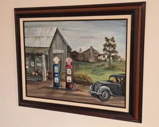 Vintage Original General Store Amoco Gas Pump Framed Oil Painting