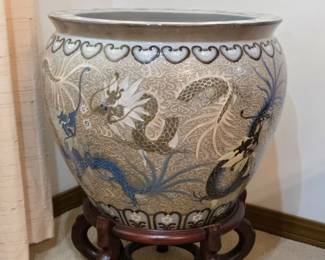 Vintage Large 18" Chinese Dragon Koi Fish Bowl Planter Pot With Stand Painted On Inside As Well