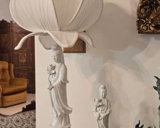 Blanc De Chines Geisha Porcelain Figural Lamp With Lotus Form Shade
