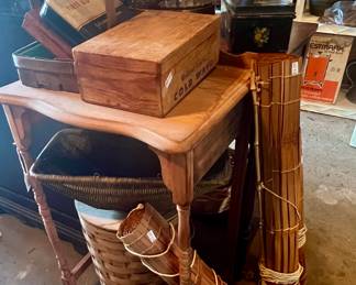 Blinds, small table, boxes, baskets