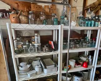 Enamelware pieces, blue canning jars