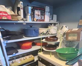Cast iron skillets, LeCruset pots, enamel pieces