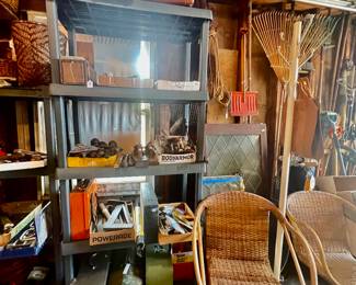 Tool boxes, vintage wicker chairs