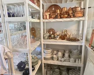 Many copper pieces, dish set, miscellaneous glassware, Fiesta Ware