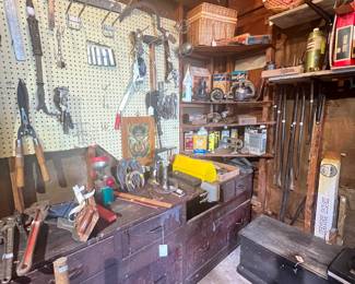 Tool bench, trunk, hand tools.