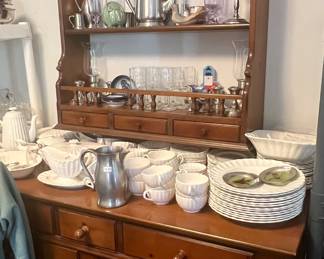 Buffet, pewter items, white dish set