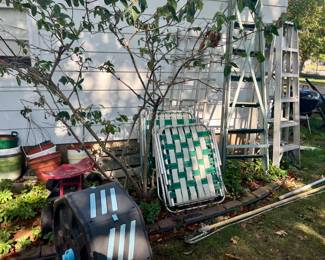 Vintage lawn chairs, ladders
