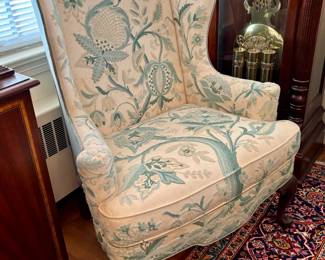 Matched pair of vintage wingchairs in crewel fabric by Woodmark Originals...