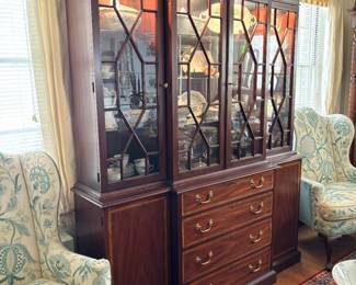 Vintage lighted breakfront china cabinet by Henkel Harris Furniture...