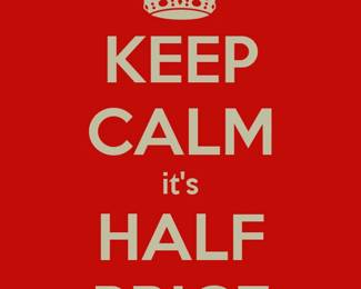 Most items (NOT ALL) are reduced to half price today! There are a few "red ticket " exceptions - items that are reduced but not to half. NO CALLS, TEXTS or EMAILS!!